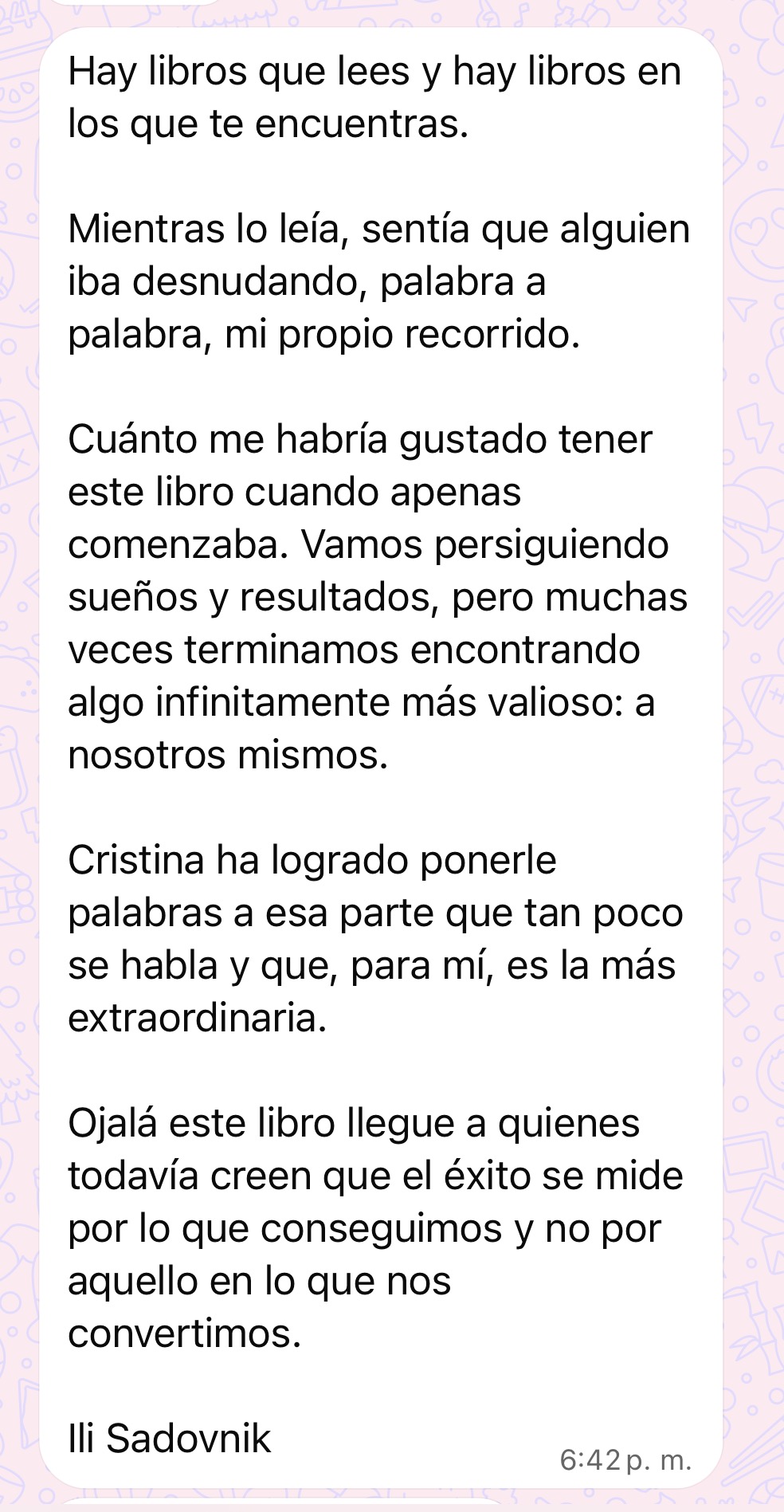 Mensaje de una persona que recibió el libro